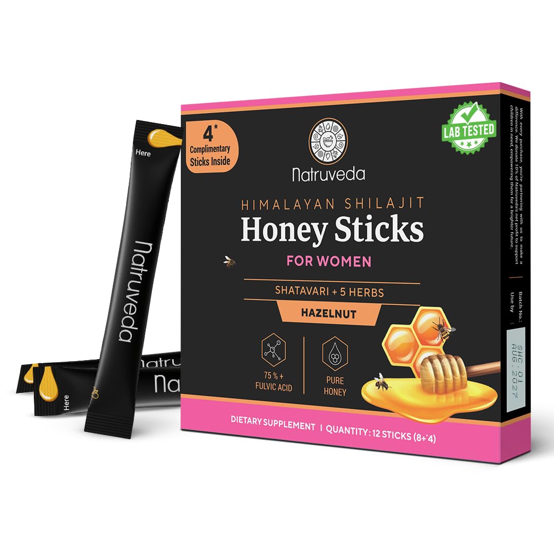 Natruveda Shilajit Honey Sticks for Women, 12 Sticks – Caramel | 300 mg Himalayan Shilajit Resin + Shatavari & 5 Ayurvedic Herbs | Lab Tested | Energy & Hormonal Balance Support