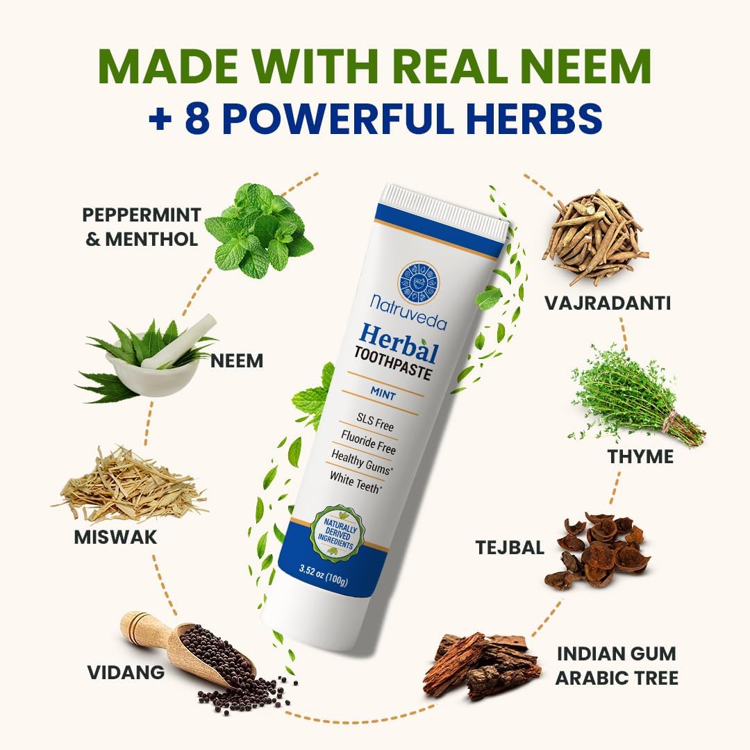 Neem Herbal Toothpaste with Complimentary Copper Tongue Scraper | Fluoride Free, SLS Free, Natural Toothpaste for Adults | Ayurvedic Oral Care with Mint & 8 Herbal Ingredients | 3.52 oz