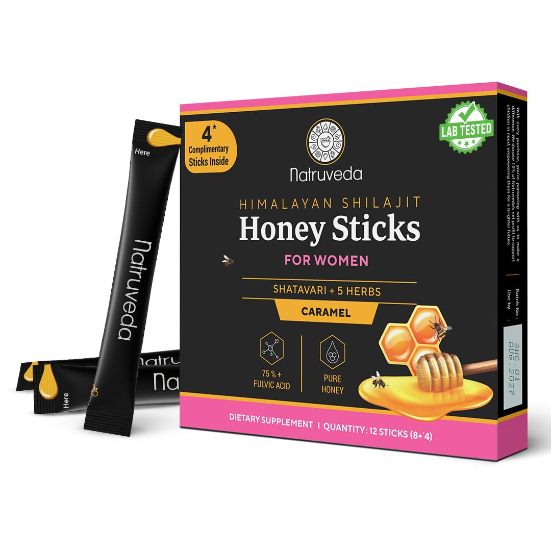 Natruveda Shilajit Honey Sticks for Women, 12 Sticks – Caramel | 300 mg Himalayan Shilajit Resin + Shatavari & 5 Ayurvedic Herbs | Lab Tested | Energy & Hormonal Balance Support