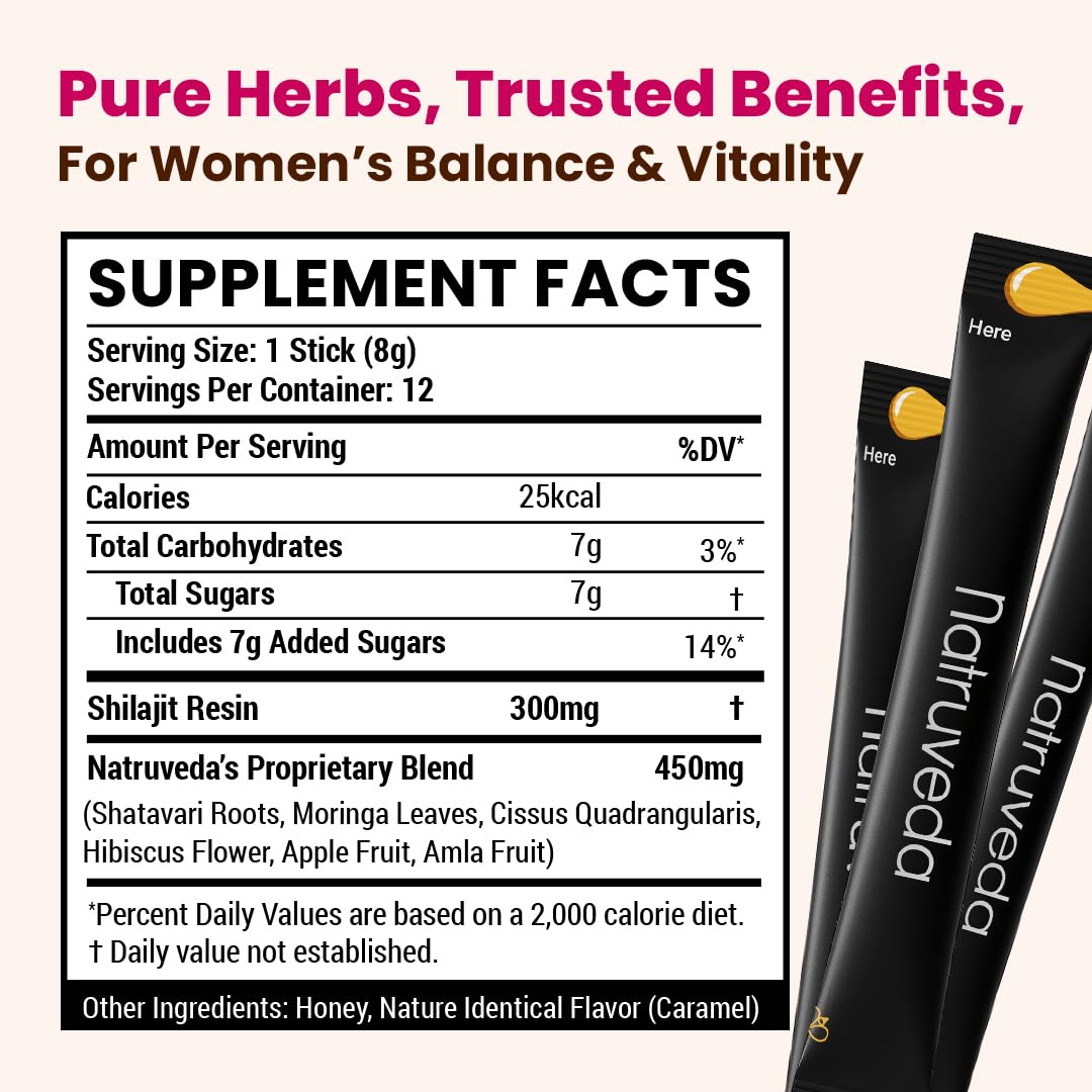 Natruveda Shilajit Honey Sticks for Women, 12 Sticks – Caramel | 300 mg Himalayan Shilajit Resin + Shatavari & 5 Ayurvedic Herbs | Lab Tested | Energy & Hormonal Balance Support