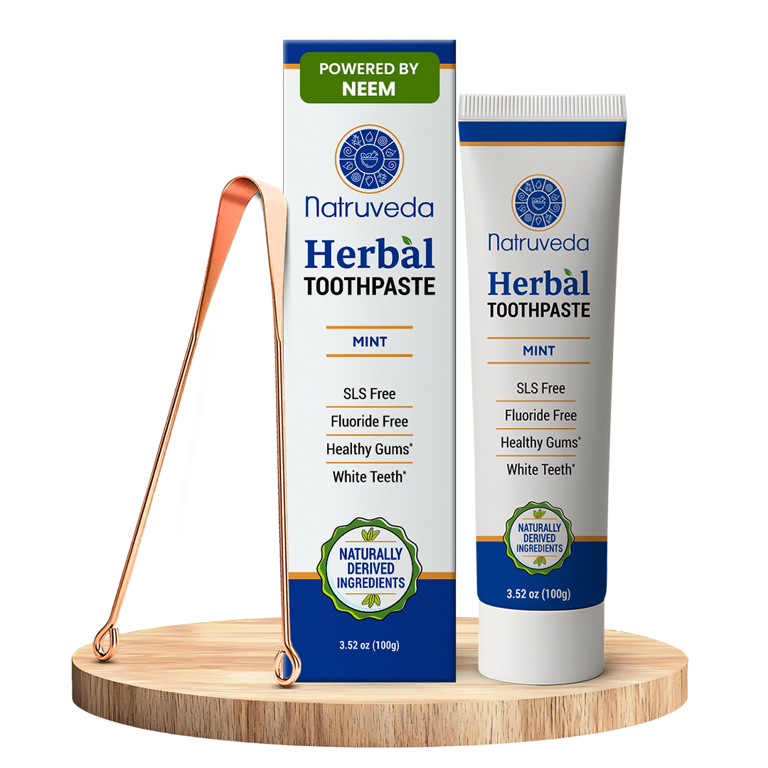 Neem Herbal Toothpaste with Complimentary Copper Tongue Scraper | Fluoride Free, SLS Free, Natural Toothpaste for Adults | Ayurvedic Oral Care with Mint & 8 Herbal Ingredients | 3.52 oz