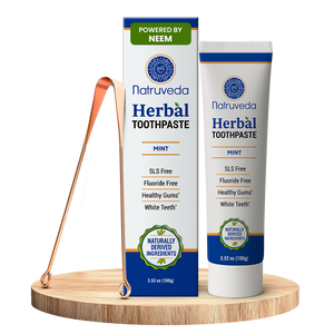Neem Herbal Toothpaste with Complimentary Copper Tongue Scraper | Fluoride Free, SLS Free, Natural Toothpaste for Adults | Ayurvedic Oral Care with Mint & 8 Herbal Ingredients | 3.52 oz