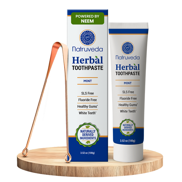 Neem Herbal Toothpaste with Complimentary Copper Tongue Scraper | Fluoride Free, SLS Free, Natural Toothpaste for Adults | Ayurvedic Oral Care with Mint & 8 Herbal Ingredients | 3.52 oz