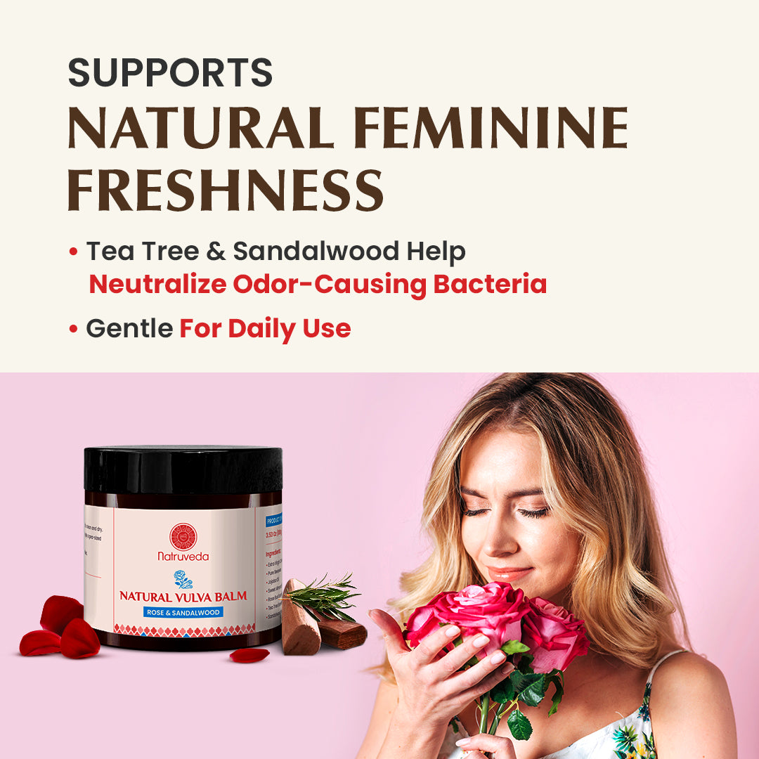 Natruveda  Natural Vulva Balm | Rose & Sandalwood | Natural Relief for Odor, Dryness & Chafing | 3.53 Oz (100gm)
