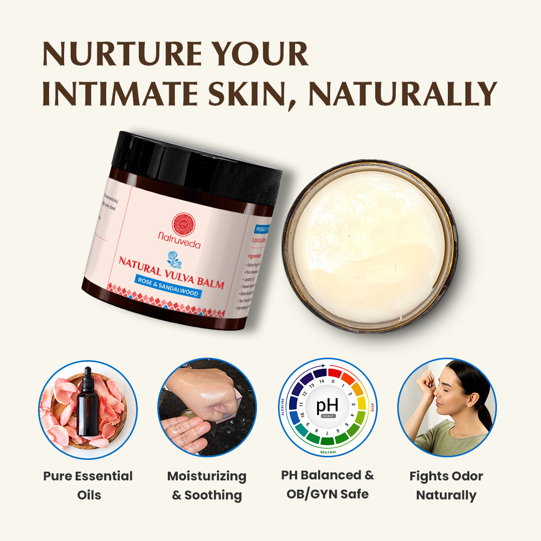 Natruveda  Natural Vulva Balm | Rose & Sandalwood | Natural Relief for Odor, Dryness & Chafing | 3.53 Oz (100gm)