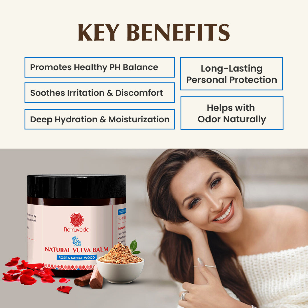Natruveda  Natural Vulva Balm | Rose & Sandalwood | Natural Relief for Odor, Dryness & Chafing | 3.53 Oz (100gm)