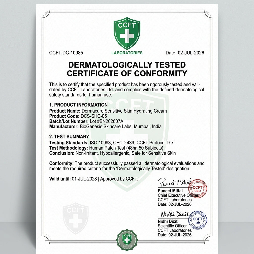 Official Certificate of Conformity Dermatologically Tested CCFT Laboratories